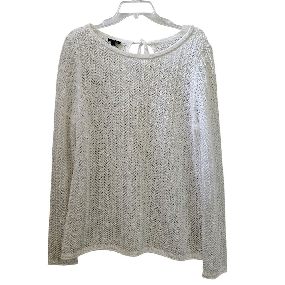 Talbots Top L‎ White Metallic Open Knit Crochet Long Sleeve Back Tie Fairy NWOT